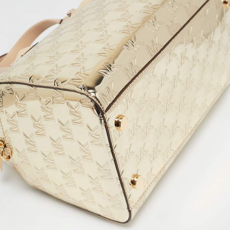 Pre Owned MICHAEL Michael Kors Gold Signature Laminated Leather and Leather Grayson Satchel