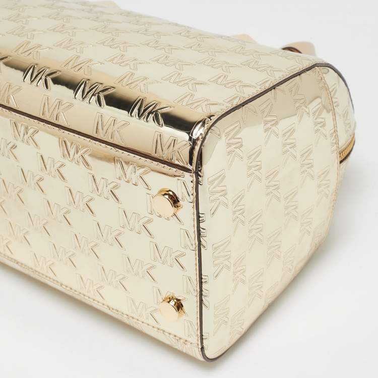 Pre Owned MICHAEL Michael Kors Gold Signature Laminated Leather and Leather Grayson Satchel