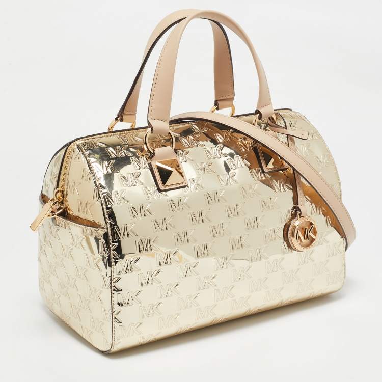 Pre Owned MICHAEL Michael Kors Gold Signature Laminated Leather and Leather Grayson Satchel