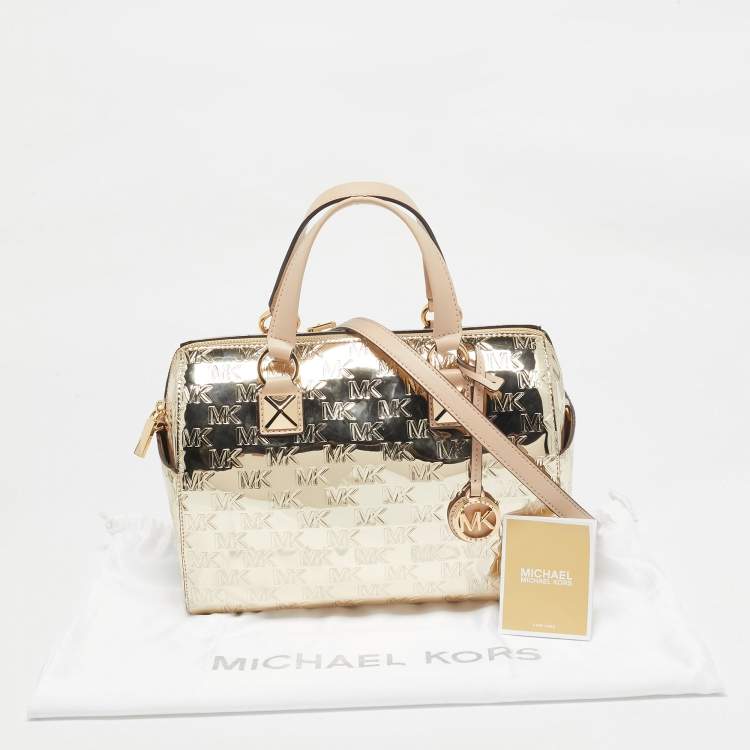 Pre Owned MICHAEL Michael Kors Gold Signature Laminated Leather and Leather Grayson Satchel