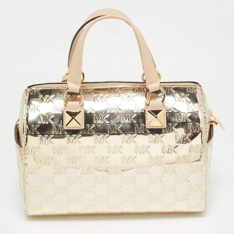 Pre Owned MICHAEL Michael Kors Gold Signature Laminated Leather and Leather Grayson Satchel