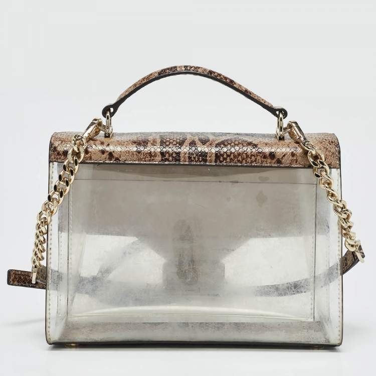 Pre Owned Michael Kors Beige Python Embossed Leather and PVC Sloan Top Handle Bag