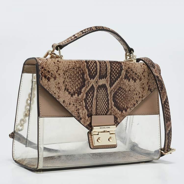 Pre Owned Michael Kors Beige Python Embossed Leather and PVC Sloan Top Handle Bag