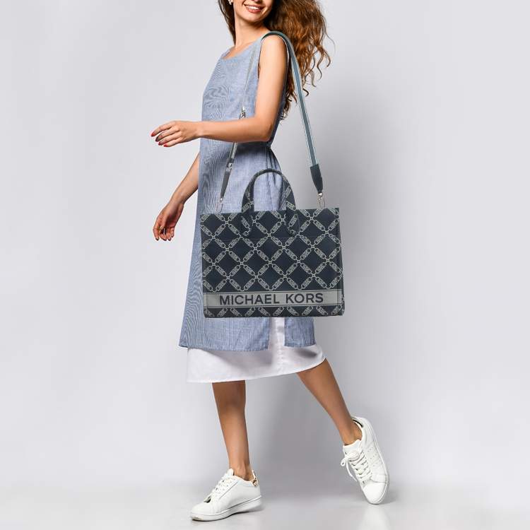 Pre Owned Michael Kors Navy Blue Logo Jacquard Canvas Large GIgi Tote