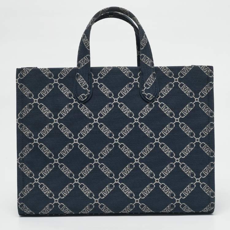 Pre Owned Michael Kors Navy Blue Logo Jacquard Canvas Large GIgi Tote
