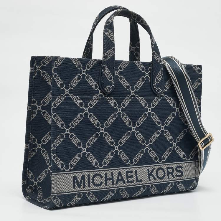 Pre Owned Michael Kors Navy Blue Logo Jacquard Canvas Large GIgi Tote
