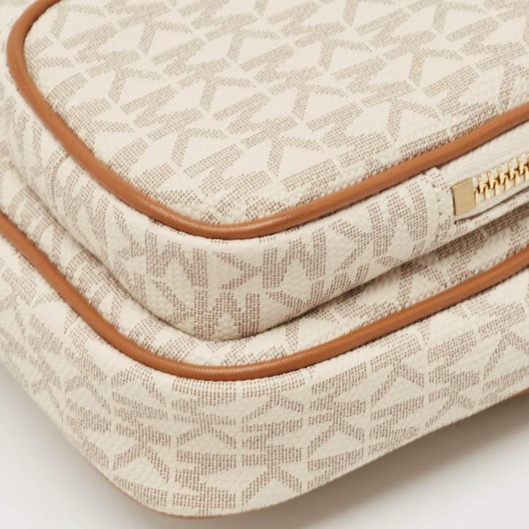 Pre Owned Michael Kors White/Brown Signature Coated Canvas Jet Set Travel Pouch