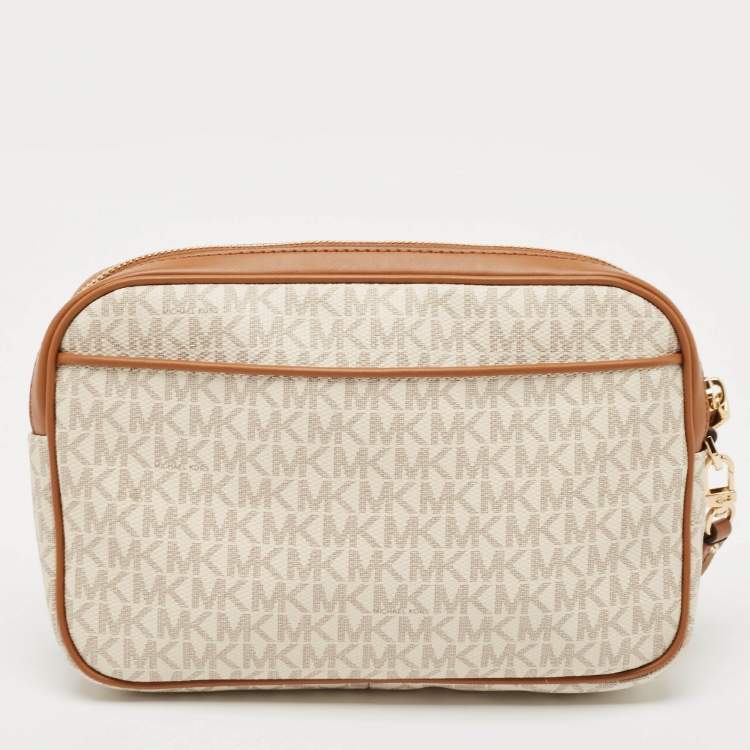 Pre Owned Michael Kors White/Brown Signature Coated Canvas Jet Set Travel Pouch