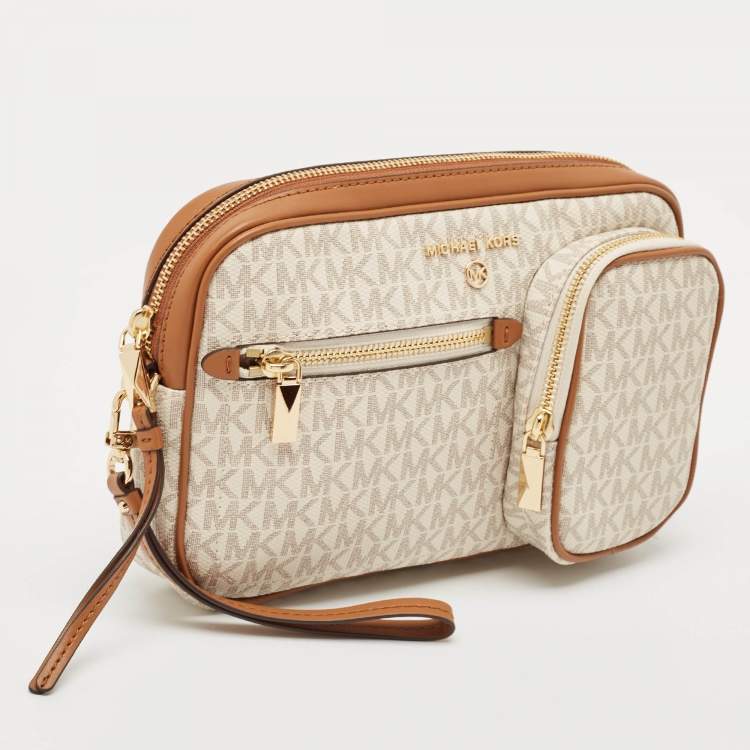 Pre Owned Michael Kors White/Brown Signature Coated Canvas Jet Set Travel Pouch