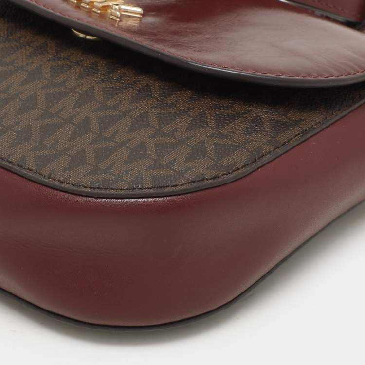 Pre Owned Michael Kors Burgundy/Brown Signature Coated Canvas and Leather Mott Crossbody Bag
