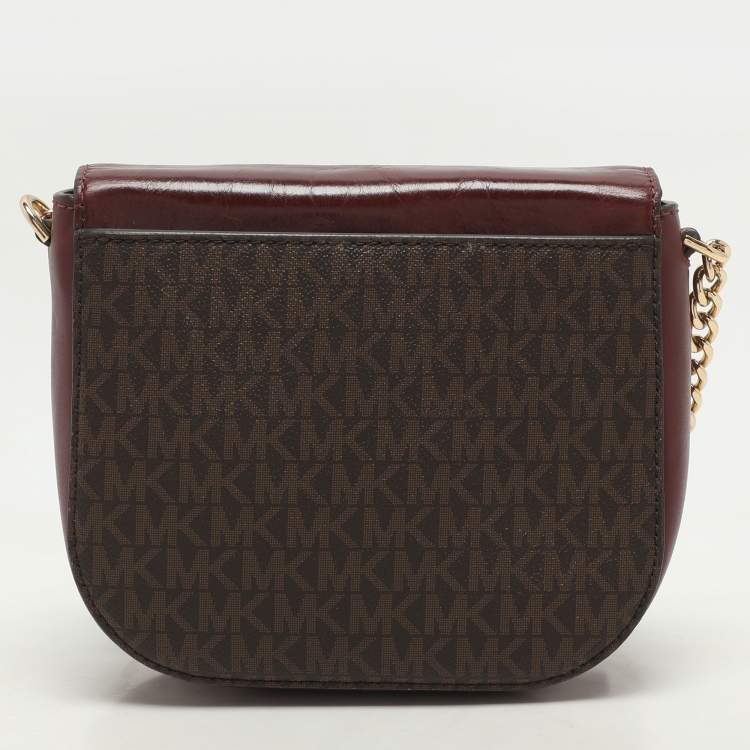 Pre Owned Michael Kors Burgundy/Brown Signature Coated Canvas and Leather Mott Crossbody Bag