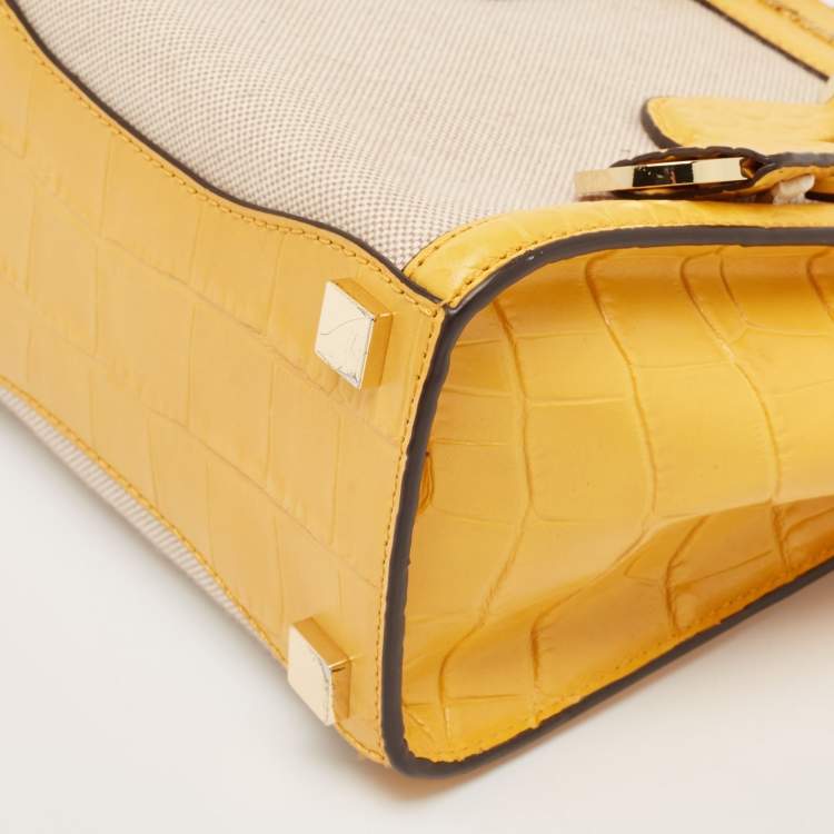 Pre Owned Michael Kors Yellow Canvas and Croc Embossed Leather Colette Tote