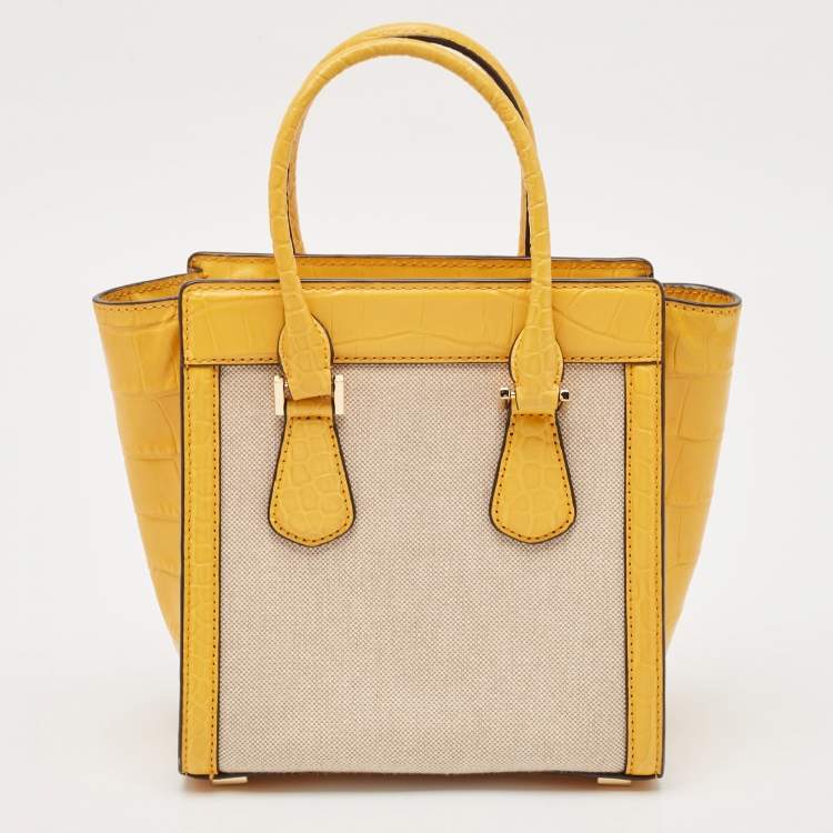 Pre Owned Michael Kors Yellow Canvas and Croc Embossed Leather Colette Tote