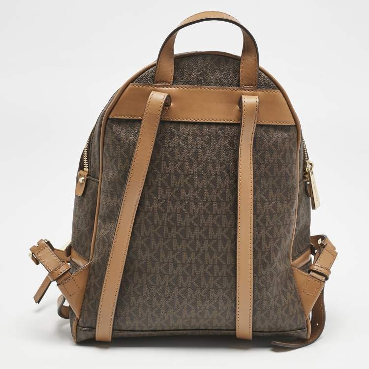 Pre Owned Michael Kors Brown Signature Coated Canvas and Leather Medium Rhea Backpack