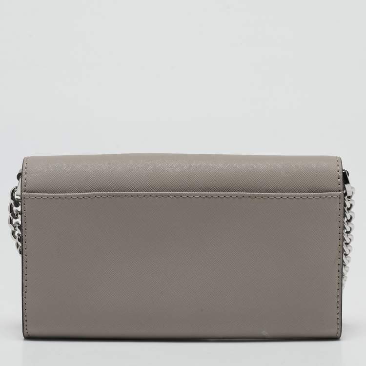 Pre Owned Michael Kors Grey Leather Envelope Flap Wallet On Chain