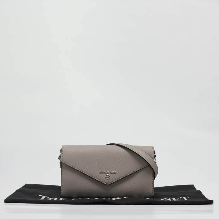 Pre Owned Michael Kors Grey Leather Envelope Flap Wallet On Chain