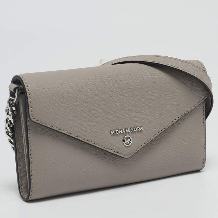 Pre Owned Michael Kors Grey Leather Envelope Flap Wallet On Chain