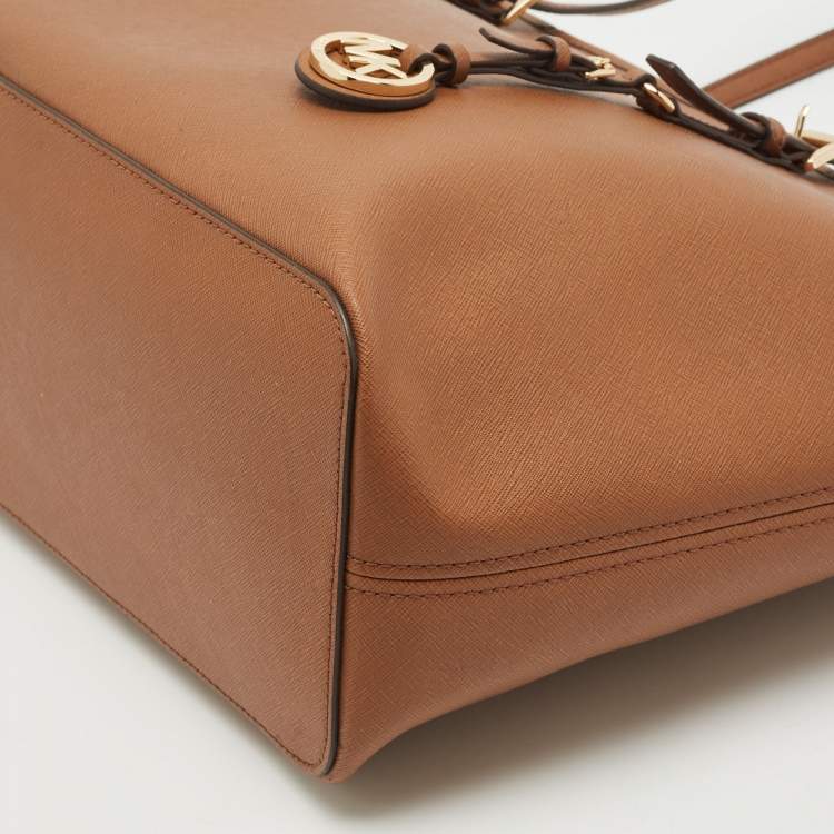 Pre Owned Michael Kors Brown Leather Large Jet Set Top Zip Tote