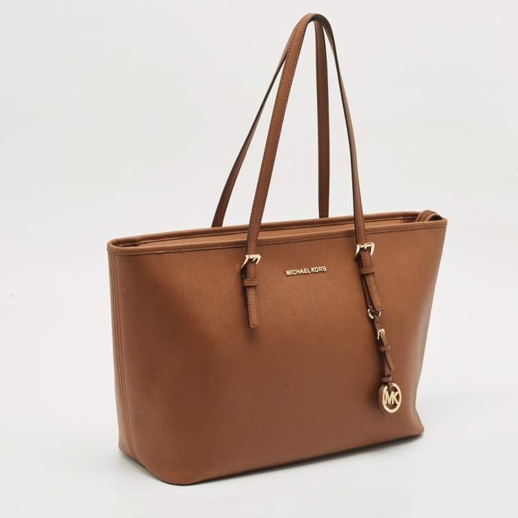 Pre Owned Michael Kors Brown Leather Large Jet Set Top Zip Tote