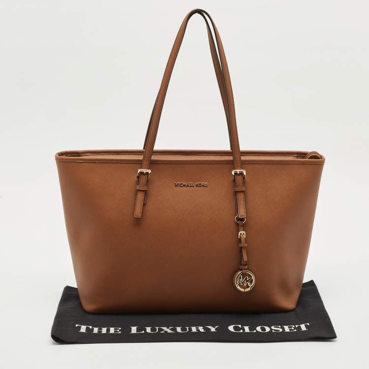 Pre Owned Michael Kors Brown Leather Large Jet Set Top Zip Tote