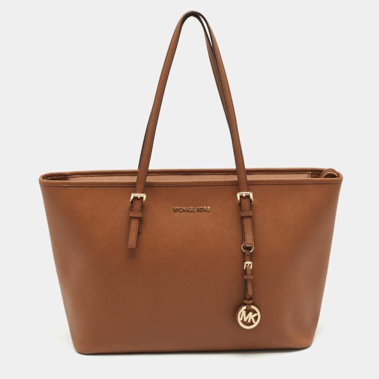 Pre Owned Michael Kors Brown Leather Large Jet Set Top Zip Tote