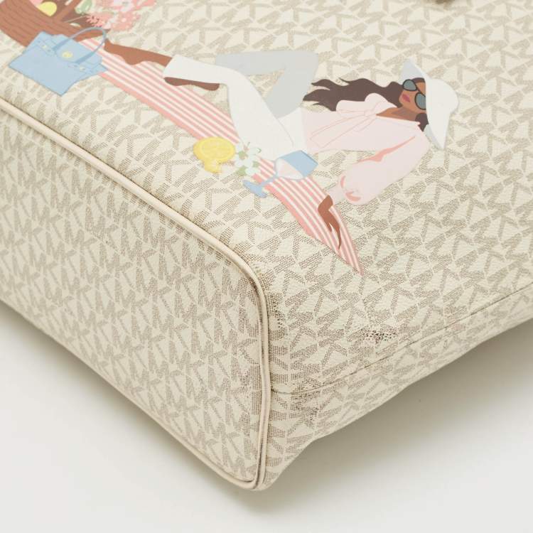 Pre Owned Michael Kors Grey Signature Coated Canvas Medium Printed Jet Set Travel Tote