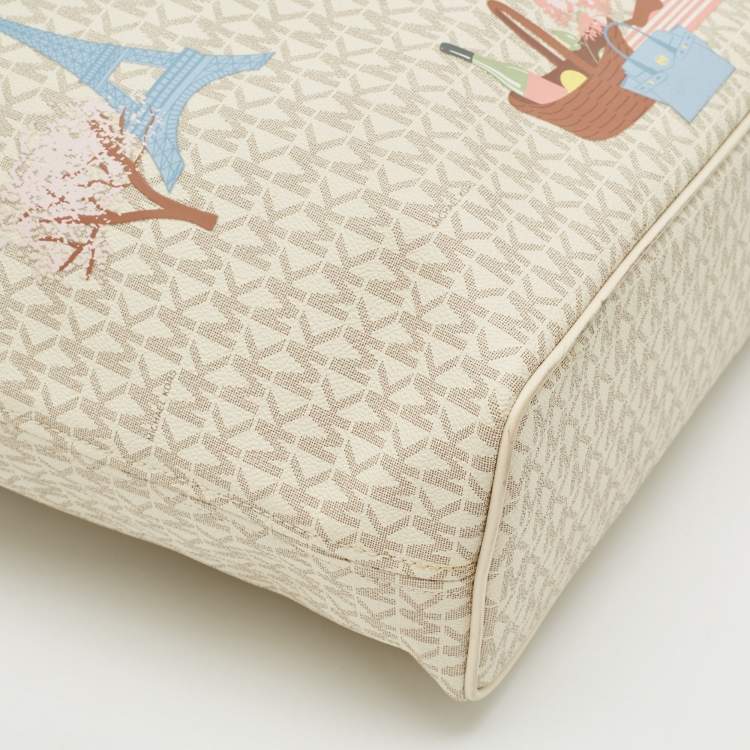 Pre Owned Michael Kors Grey Signature Coated Canvas Medium Printed Jet Set Travel Tote