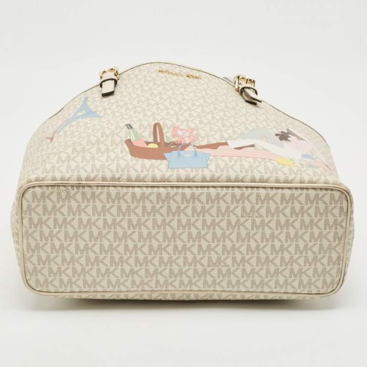 Pre Owned Michael Kors Grey Signature Coated Canvas Medium Printed Jet Set Travel Tote