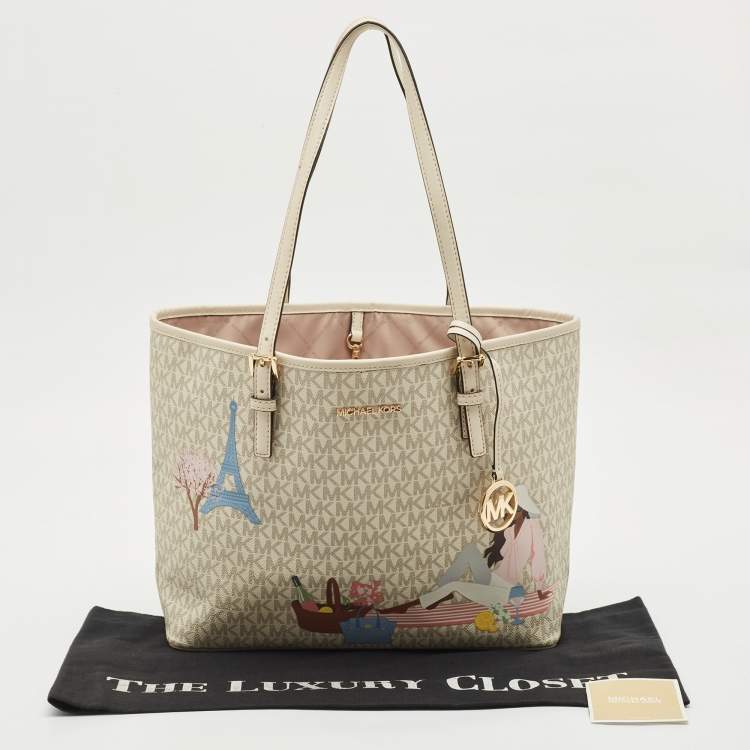 Pre Owned Michael Kors Grey Signature Coated Canvas Medium Printed Jet Set Travel Tote