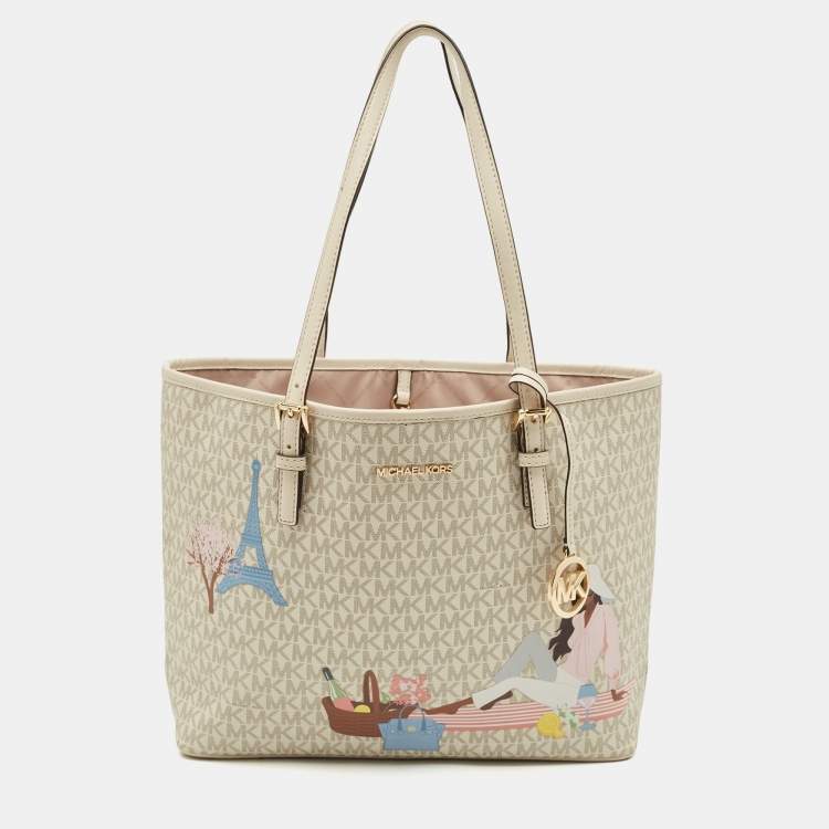 Pre Owned Michael Kors Grey Signature Coated Canvas Medium Printed Jet Set Travel Tote