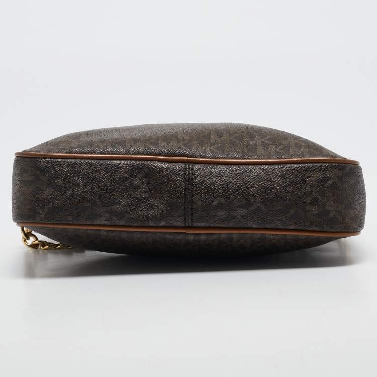 Pre Owned Michael Kors Brown Signature Coated Canvas and Leather Jet Set Crossbody Bag