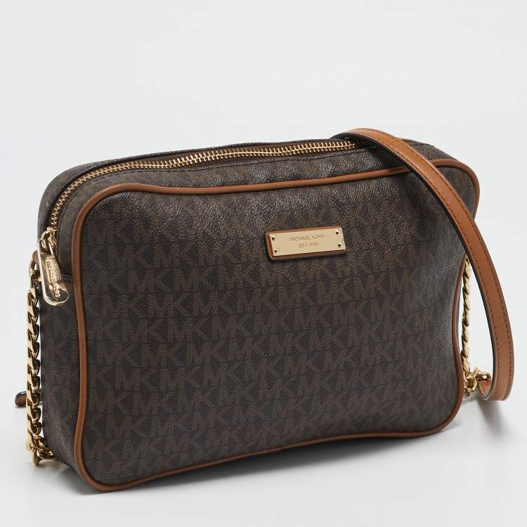 Pre Owned Michael Kors Brown Signature Coated Canvas and Leather Jet Set Crossbody Bag