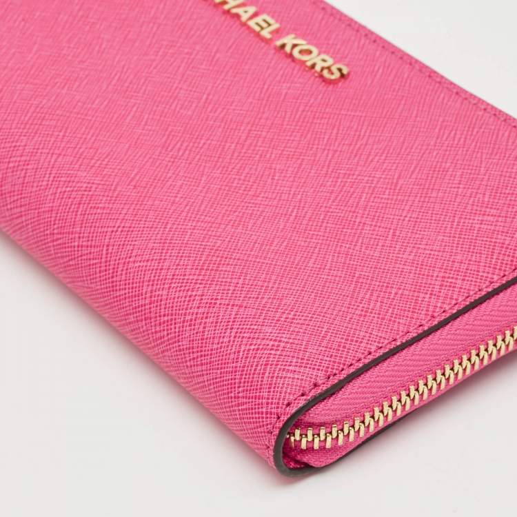 Pre Owned Michael Kors Fuchsia Leather Jet Set Zip Around Wallet