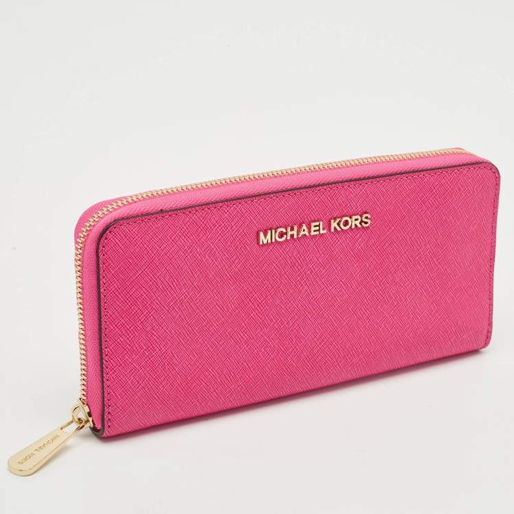 Pre Owned Michael Kors Fuchsia Leather Jet Set Zip Around Wallet