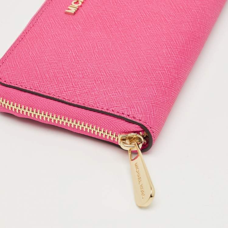 Pre Owned Michael Kors Fuchsia Leather Jet Set Zip Around Wallet