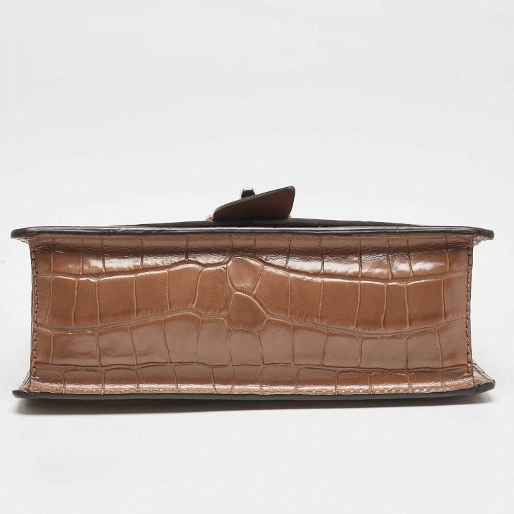 Pre Owned Michael Kors Brown Croc Embossed Leather Small Greenwich Crossbody Bag
