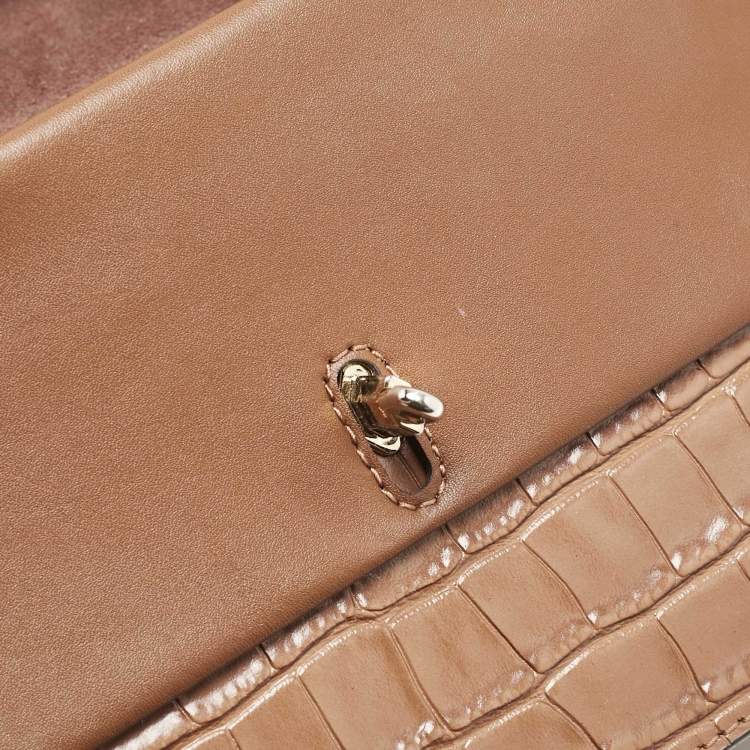 Pre Owned Michael Kors Brown Croc Embossed Leather Small Greenwich Crossbody Bag