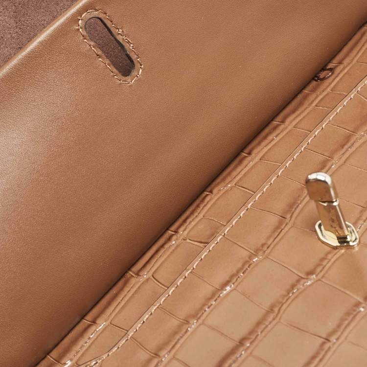 Pre Owned Michael Kors Brown Croc Embossed Leather Small Greenwich Crossbody Bag