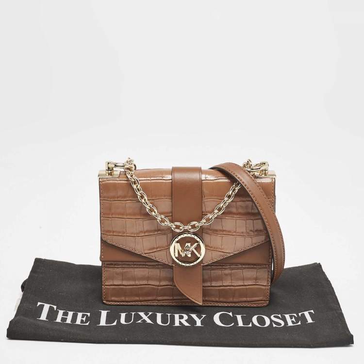 Pre Owned Michael Kors Brown Croc Embossed Leather Small Greenwich Crossbody Bag