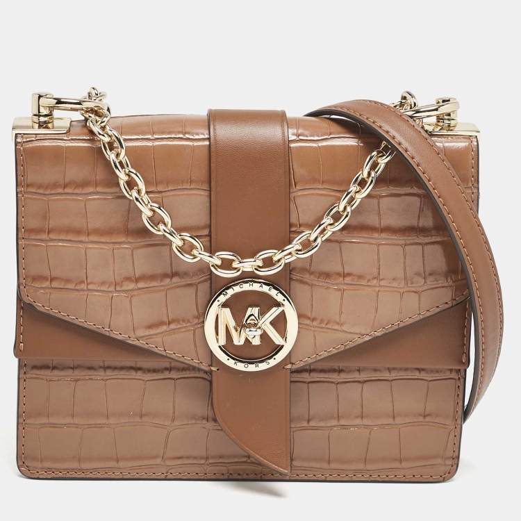 Pre Owned Michael Kors Brown Croc Embossed Leather Small Greenwich Crossbody Bag