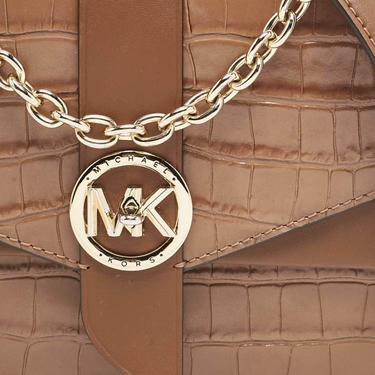 Pre Owned Michael Kors Brown Croc Embossed Leather Small Greenwich Crossbody Bag