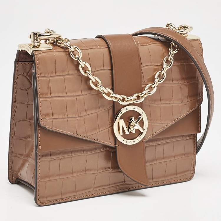 Pre Owned Michael Kors Brown Croc Embossed Leather Small Greenwich Crossbody Bag