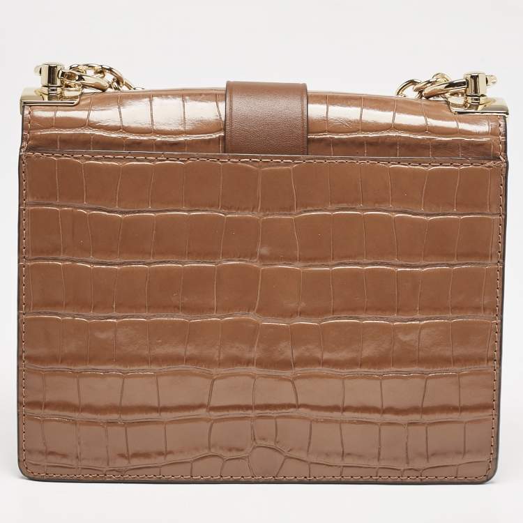 Pre Owned Michael Kors Brown Croc Embossed Leather Small Greenwich Crossbody Bag