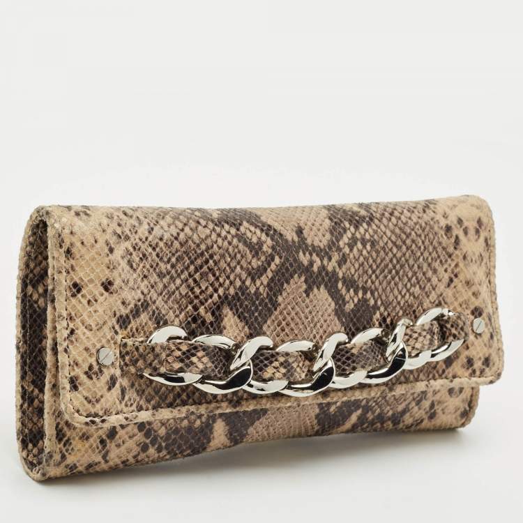 Pre Owned Michael Kors Beige/Black Python Embossed Leather Chain Detail Clutch