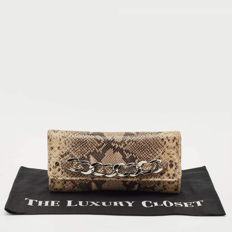 Pre Owned Michael Kors Beige/Black Python Embossed Leather Chain Detail Clutch