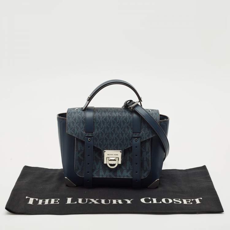 Pre Owned Michael Kors Navy Blue Signature Coated Canvas Medium Manhattan Top Handle Bag