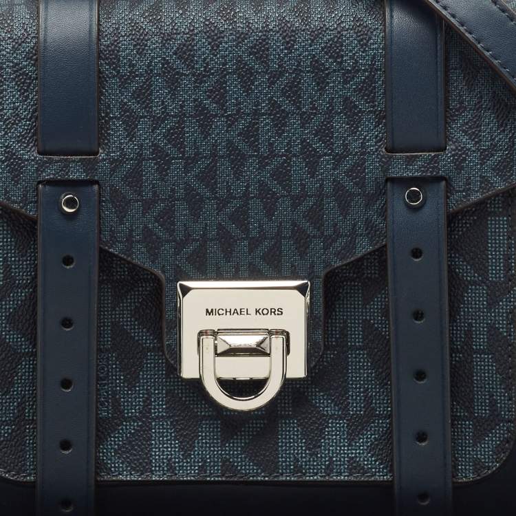 Pre Owned Michael Kors Navy Blue Signature Coated Canvas Medium Manhattan Top Handle Bag