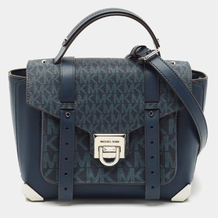 Pre Owned Michael Kors Navy Blue Signature Coated Canvas Medium Manhattan Top Handle Bag