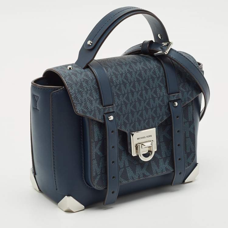 Pre Owned Michael Kors Navy Blue Signature Coated Canvas Medium Manhattan Top Handle Bag