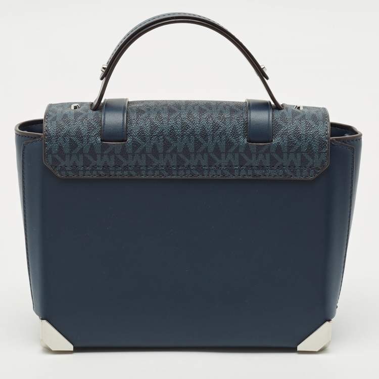 Pre Owned Michael Kors Navy Blue Signature Coated Canvas Medium Manhattan Top Handle Bag
